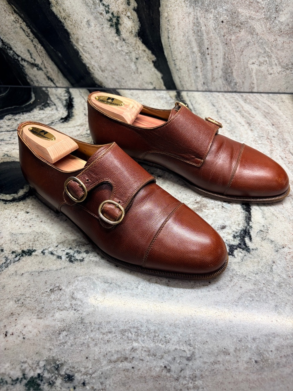 Santoni Classico Pebbled Leather Double Monk Strap Shoes Brown Men’s US 9.5